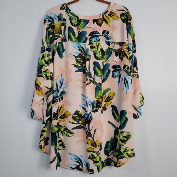 Worthington split neck roll tab sleeve popover tunic top sz 4X pink green leaves - Picture 7 of 7